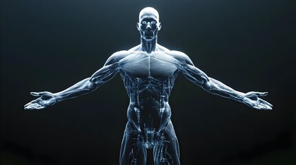 Futuristic 3D human biomechanical sculpture, realistic anatomical muscle model. Concepts : Bio-digital, post-human, AI, sculptural anatomy, transhuman, medical model, musculature, reference