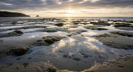 Fototapeta premium Dramatic coastal landscape featuring tidal pools and a starfish under a cloudy sunset sky.