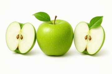 Fresh Green Apple with Crisp Halves and Dewy Leaves