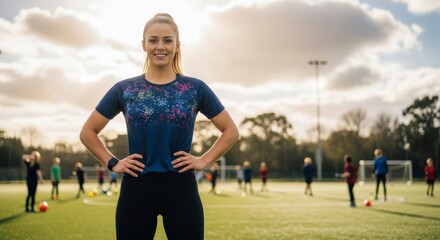 Sports teacher standing proud with hands on hips on the athletic field overseeing children practicing sports during the day