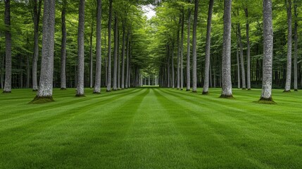 Serene forest pathway lined with tall trees and lush green grass