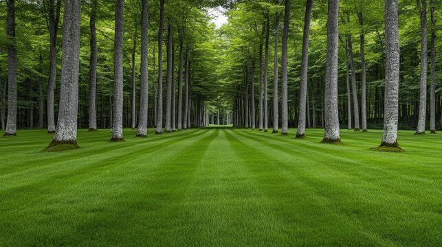 Serene forest pathway lined with tall trees and lush green grass