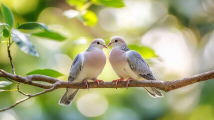 Obraz premium Pair of doves perched closely on a tree branch, surrounded by green leaves, capturing a serene and romantic atmosphere in nature.
