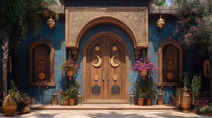 Obraz premium Ornate wooden doors on a blue building with plants and lanterns.