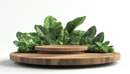 Wooden Podium In Lush Tropical Forest For Product Presentation And Green Concept Rendering. A Natural Setting For Showcasing Products.