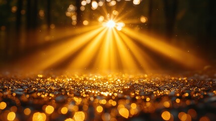 Naklejka premium Golden sunlight rays bursting through forest, illuminating sparkling ground.