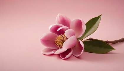 A pink magnolia flower rests on a pale pink surface. 4