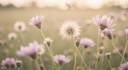 Obraz premium Serene Sunset Meadow: Pastel Flowers and Dandelions in Soft Golden Light