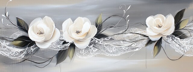 Delicate white magnolia blossoms with lace