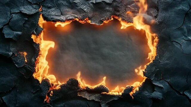Dynamic animation of fire burning hole frame on dark paper background for overlay