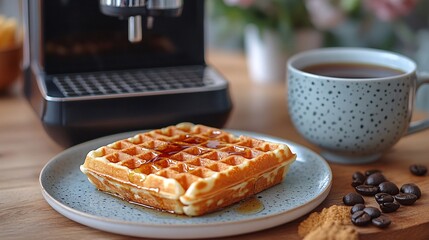 Golden Waffle with Syrup and Coffee on Wooden Surface and Utensils. Breakfast Cuisine. Light and Warm. Still Life Photography. Cozy Morning. Tasty Food. Delicious Meal. Gourmet. Rustic Kitchen. Home