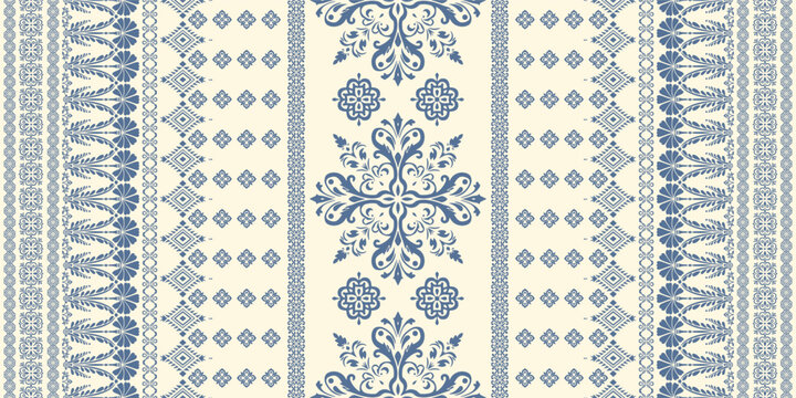 floral pattern vintage ethnic modern embroidery texture boho design vector illustration hand drawn pink flower motif branches leaves wallpaper seamless background border.