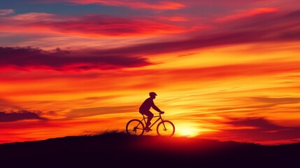 Fototapeta premium Silhouette of a cyclist riding a bike against a vibrant sunset, with long shadows stretching across the ground, capturing the essence of freedom and adventure.