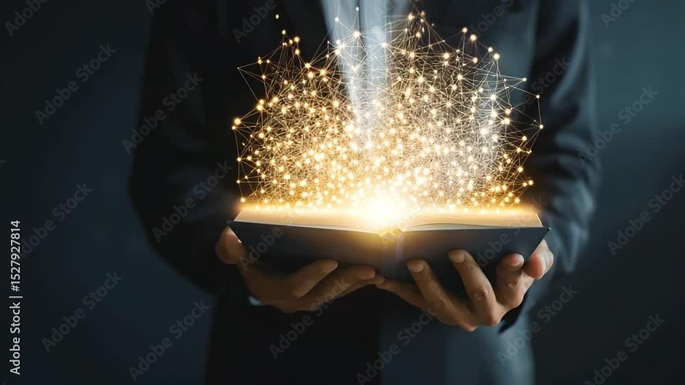 Poster hands holding open book with glowing light and network connections symbolizing knowledge, innovation