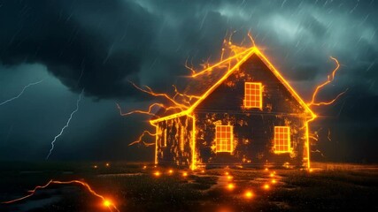 Wooden house with glowing electric sparks during stormy night rain and lightning creating dramatic intense scene - Powered by Adobe