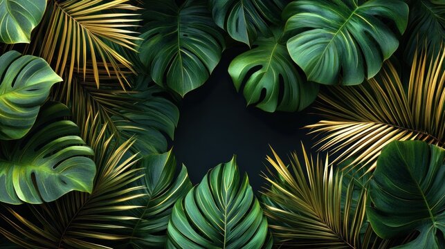 Lush green and gold tropical leaves frame a dark background.