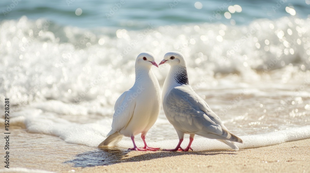 Poster two doves standing closely on a sandy beach with gentle waves in the background, serene and tranquil