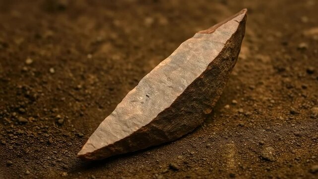 Leaf-shaped flint spear point with expertly knapped edges on sandy ground. Prehistoric weapon point showcasing advanced stone tool technology and hunting implement craftsmanship.