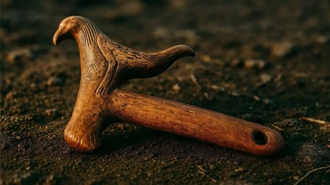 Carved wooden atlatl spear thrower with detailed bird design and decorative patterns. Ancient hunting implement showcasing prehistoric craftsmanship and spear launching technology.