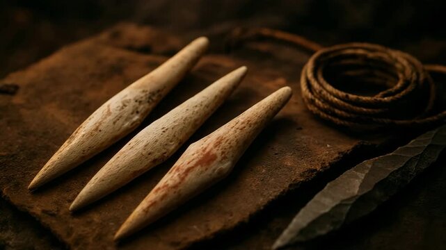 Three carved bone points arranged on wooden surface with cord nearby. Prehistoric bone tools showcasing ancient craftsmanship and primitive implement manufacturing techniques.