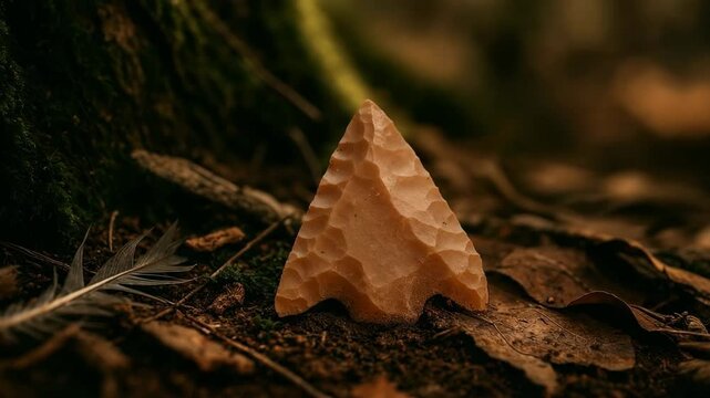 Flint arrowhead resting on forest floor among fallen leaves and natural debris. Knapped stone projectile point showcasing prehistoric craftsmanship and ancient hunting technology.