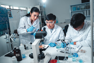 A team of researchers examines a petri dish with bacterial cultures, focusing on pathogen research and disease analysis in a sterile lab environment, highlighting collaboration in microbiology.