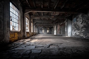 Fototapeta premium Dilapidated Interior with Cracked Floor and Large Windows in an Abandoned Industrial Structure Offering Natural Light