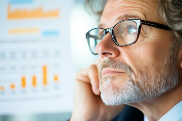 Introspective Executive: A close-up portrait captures a focused executive, eyeglasses perched on his nose, contemplating data and charts reflecting on goals. 