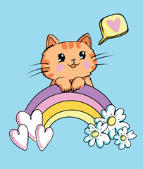 Cartoon cute kitten on the rainbow with heart and flowers in hand drawn style. Hand drawn vector illustration of cat for children tee, stickers, poster, card. Kitty kids print