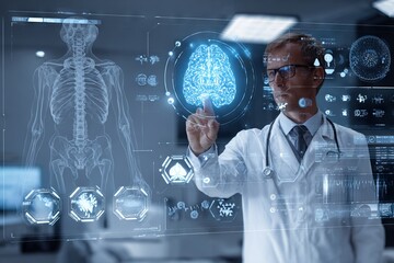 Physician using holographic interface to analyze human brain and skeleton data, modern medicine concept, futuristic health technology