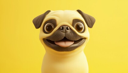 Fototapeta premium Adorable Pug Breed Dog Smiling Happily In Bright Trendy Yellow Background. Plenty Of Free Space In The Portrait. Cute And Happy!