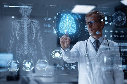 Physician using holographic interface to analyze human brain and skeleton data, modern medicine concept, futuristic health technology
