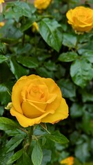 A delicate yellow rose in focus in the foreground, with other flowers and green leaves in the background softly blurred (bokeh).