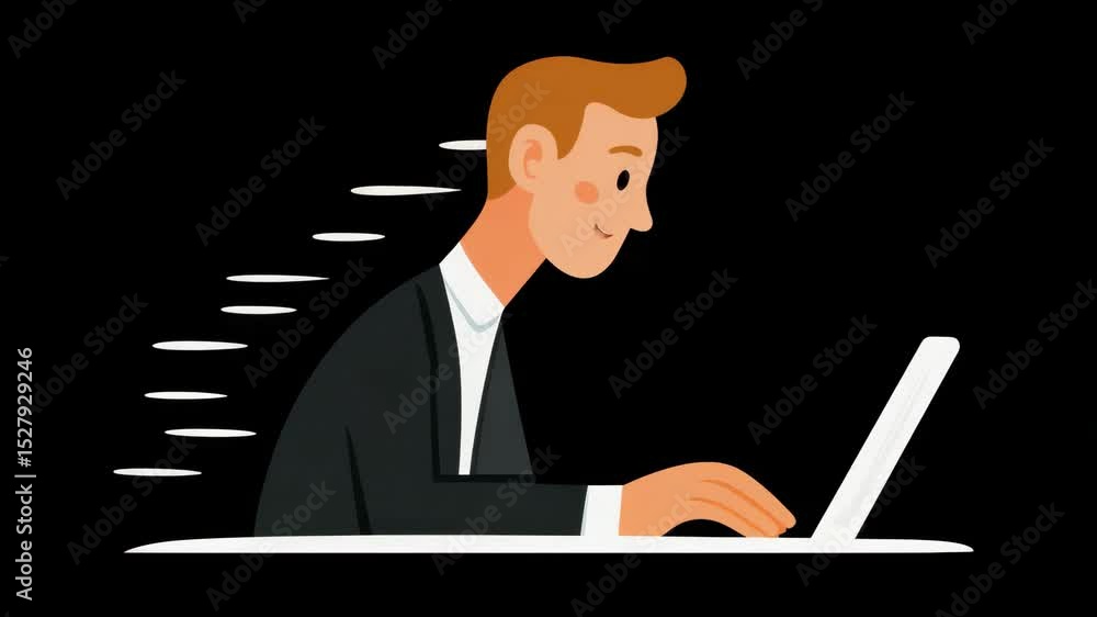 Poster animated businessman working on laptop with focused expression in simple background