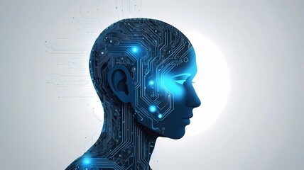 AI Face Silhouette with Digital Circuit Background in Blue Tones