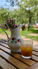still life with tea and flowers