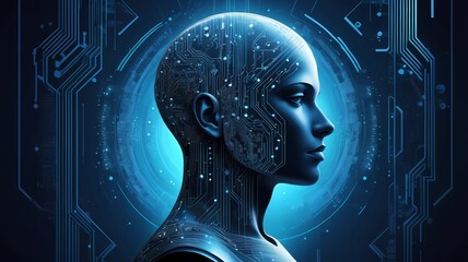 AI Face Silhouette with Digital Circuit Background in Blue Tones