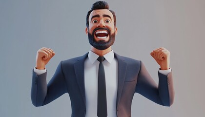 Man In Business Suit Celebrating Victory With A Big Smile And Raised Fists On Gray Background. Experiencing The Thrill Of Business Success
