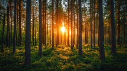 Fototapeta premium Sunset in a pine forest, sun rays through trees, nature scene.