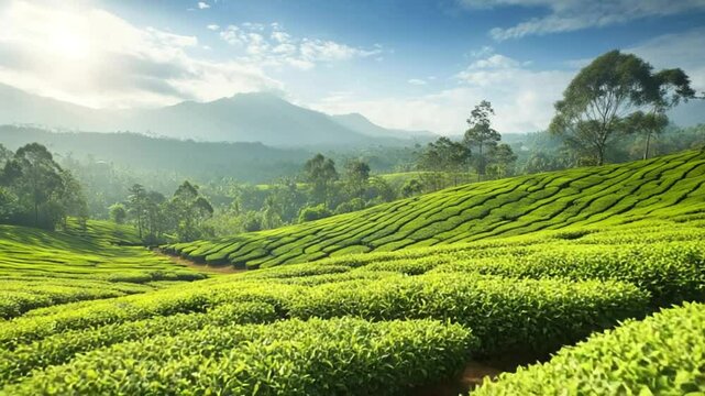 Aerial view of the tea plantation hills and valleys, with stunning landscapes in Munnar