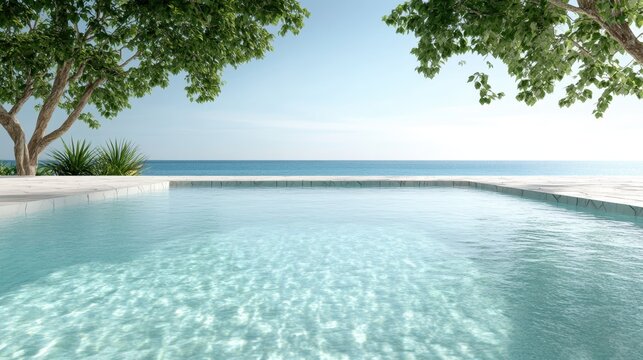 A peaceful poolside scene featuring crystal clear water surrounded by lush trees, offering a stunning view of the tranquil ocean under a bright blue sky.
