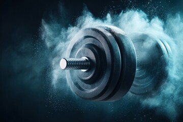 Explore a surreal fitness studio where floating equipment symbolizes strength amid a dark misty environment.