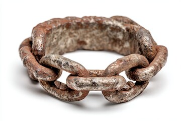Close up displays interconnected metal chain links exhibiting heavy rust and corrosion on a white background