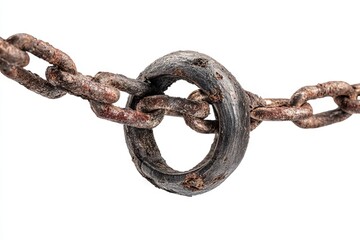 Obraz premium A rusty metal chain connecting through a forged ring, creating a strong link on a plain white background, corrosion visible.