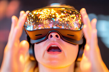 Immersive Virtual Reality: A woman's face is illuminated as she engages with virtual reality, showcasing the innovative technology and its impact on user experience. 