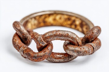 Fragment of Rusty Metallic Chain Links, Showing Corrosion and Wear on White Surface, Symbolic of Strength and Bond