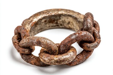 Fototapeta premium Aged chain links form circular shape, covered in rust and corrosion, showing decay on a white backdrop