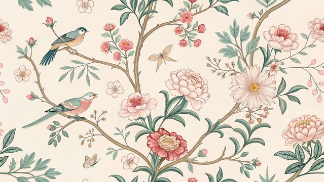 Seamless vintage chinoiserie garden pattern featuring decorative flowers and birds, designed for wallpaper illustration
