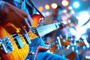 Fototapeta premium Electric Guitar Performance in Concert: A musician's hands gracefully glide across the strings of an electric guitar on stage, bathed in the electric glow, capturing a live music