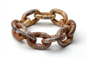 Detailed close-up of an aged, weathered metal chain loop with visible rust, erosion, and corrosion on a stark white background.